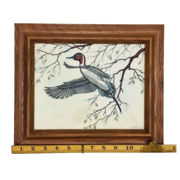 Vintage Mallard Duck In Flight With Tree Branches & Leaves Marble Etching Signed - Picture 3 of 7